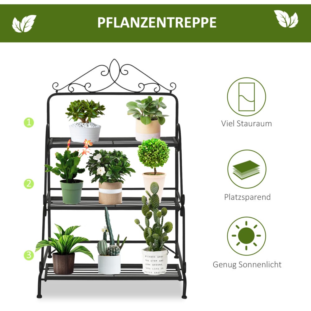 Blumentreppe 3-stufig aus Metall, platzsparend und dekorativ, Schwarz.