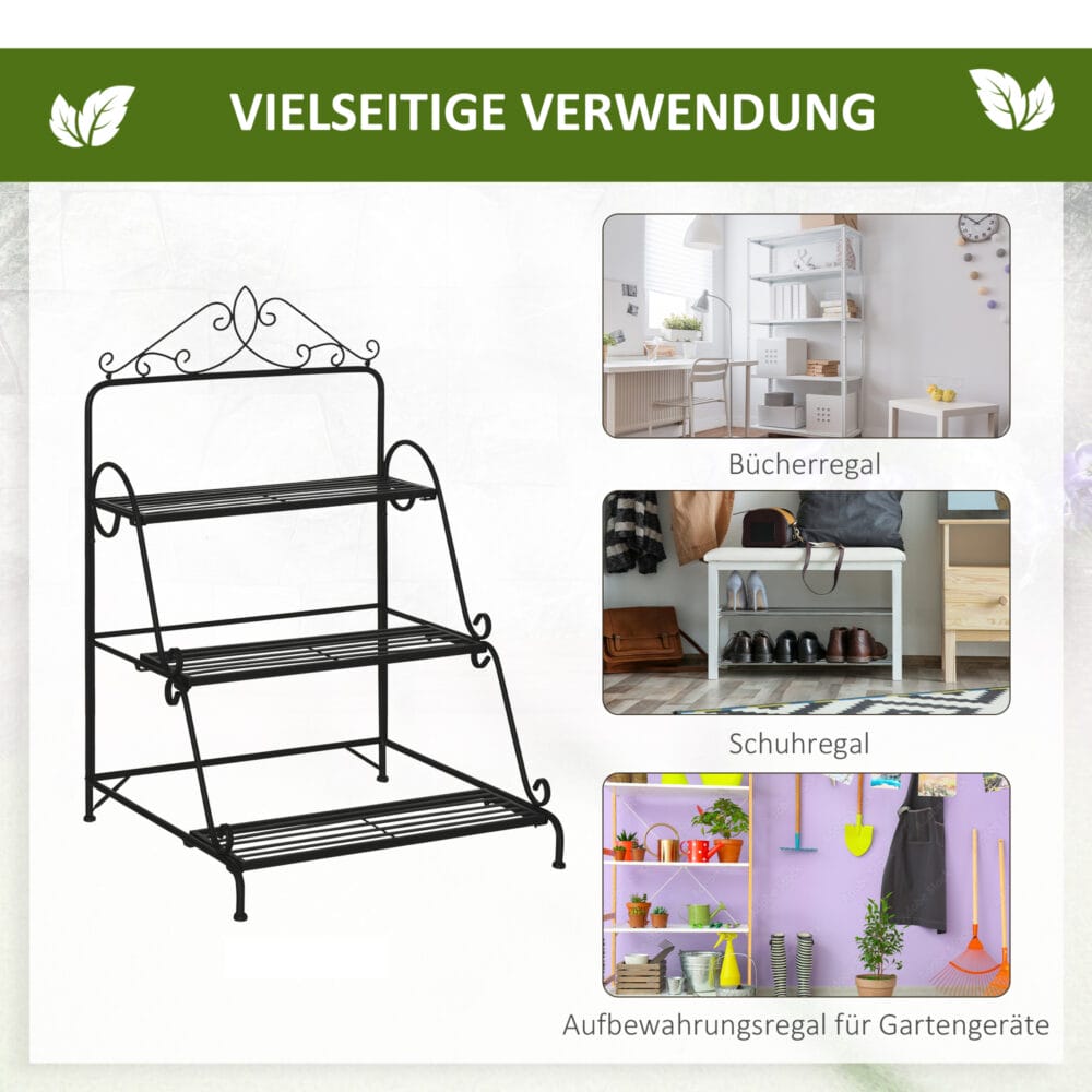 Blumentreppe 3-stufig aus Metall, platzsparend und dekorativ, Schwarz.