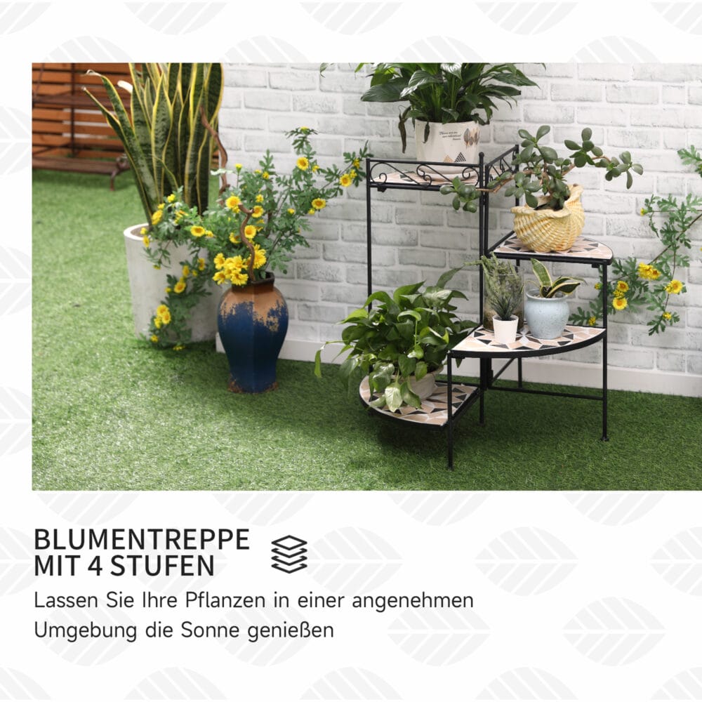 Blumentreppe 4-stufig, faltbar und platzsparend, Schwarz-Beige.