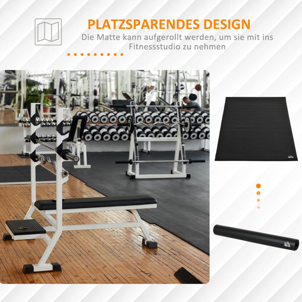 Schwarze Bodenschutzmatte für Fitnessgeräte.