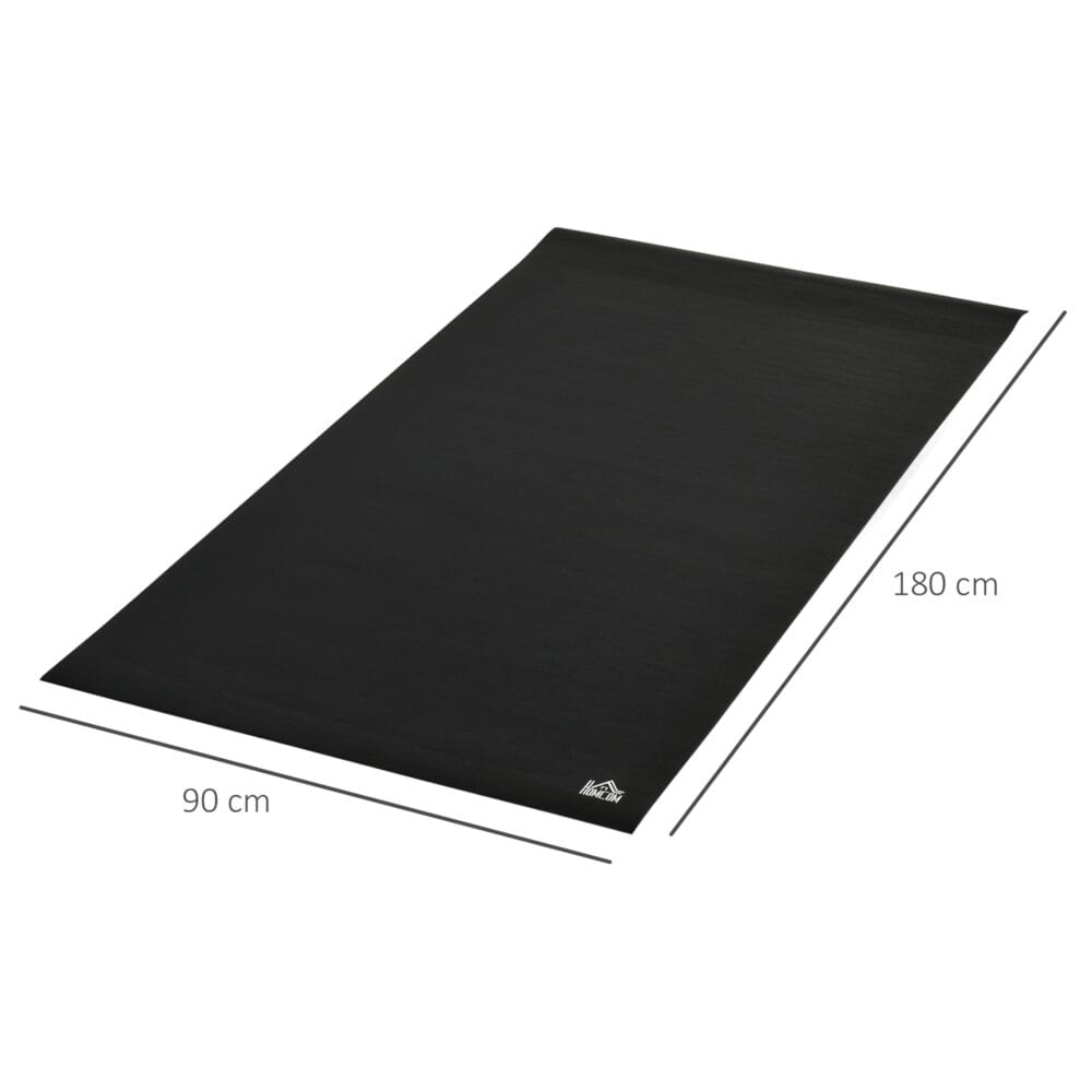 Schwarze Bodenschutzmatte für Fitnessgeräte.