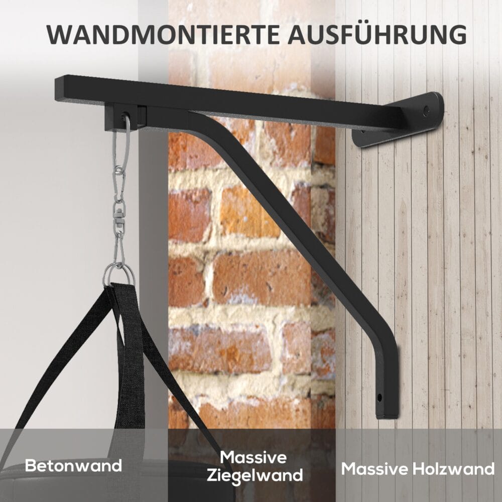 Schwarze Boxsack-Halterung mit 360°-Drehhaken.