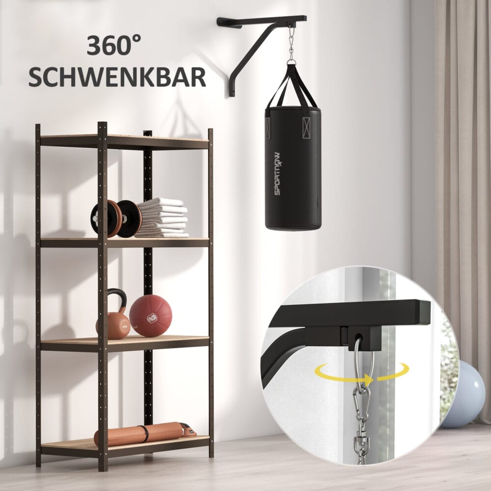 Schwarze Boxsack-Halterung mit 360°-Drehhaken.