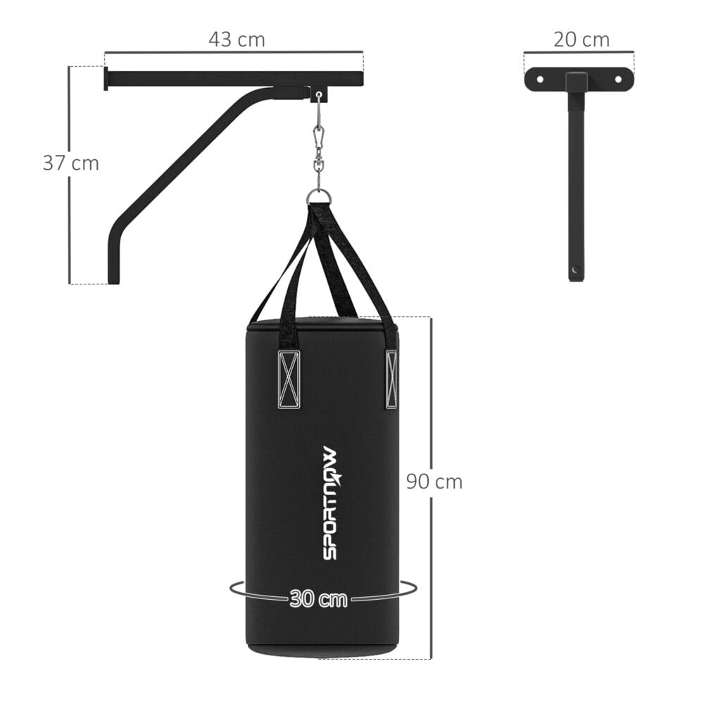 Schwarze Boxsack-Halterung mit 360°-Drehhaken.