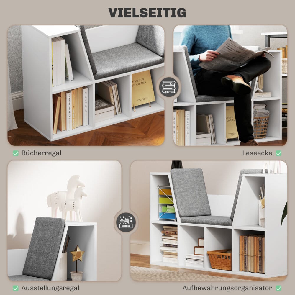 Ein weisses Bücherregal mit 6 Fächern und einem Sitzkissen in Leinenoptik.