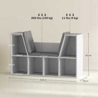 Ein weisses Bücherregal mit 6 Fächern und einem Sitzkissen in Leinenoptik.