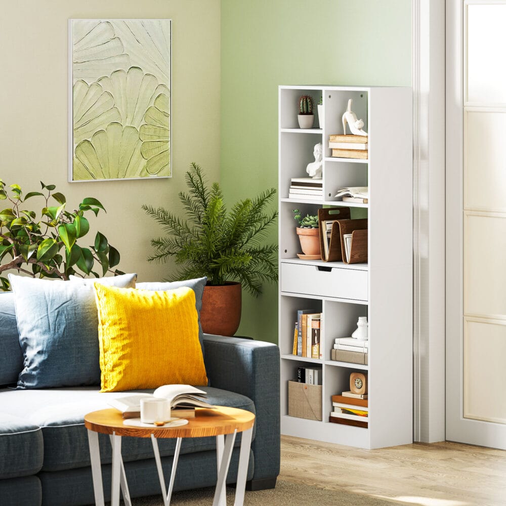 Bücherregal 9 Regale 1 Schublade mit Anti-Kippsicherung 60x26x158cm Weiss – Produktfoto zeigt modernes Design, hochwertige Materialien und funktionale Eigenschaften ideal für Wohn- oder Arbeitsbereiche. Perfekt als Einrichtungsinspiration oder zur Produktpräsentation in einem Onlineshop.