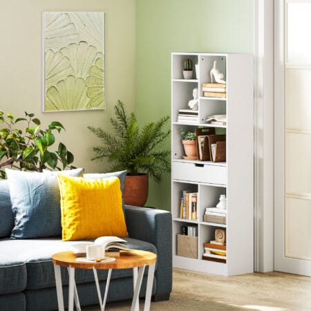 Bücherregal 9 Regale 1 Schublade mit Anti-Kippsicherung 60x26x158cm Weiss – Produktfoto zeigt modernes Design, hochwertige Materialien und funktionale Eigenschaften ideal für Wohn- oder Arbeitsbereiche. Perfekt als Einrichtungsinspiration oder zur Produktpräsentation in einem Onlineshop.
