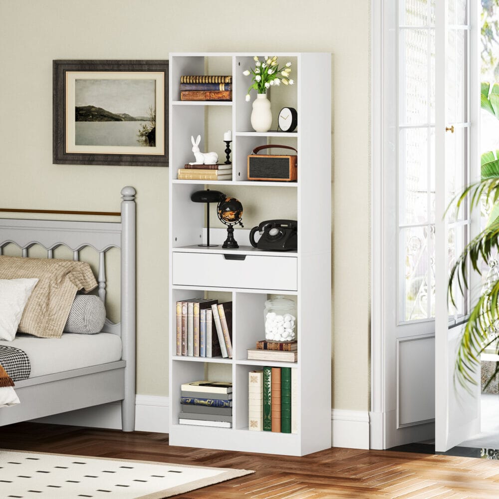 Bücherregal 9 Regale 1 Schublade mit Anti-Kippsicherung 60x26x158cm Weiss – Produktfoto zeigt modernes Design, hochwertige Materialien und funktionale Eigenschaften ideal für Wohn- oder Arbeitsbereiche. Perfekt als Einrichtungsinspiration oder zur Produktpräsentation in einem Onlineshop.