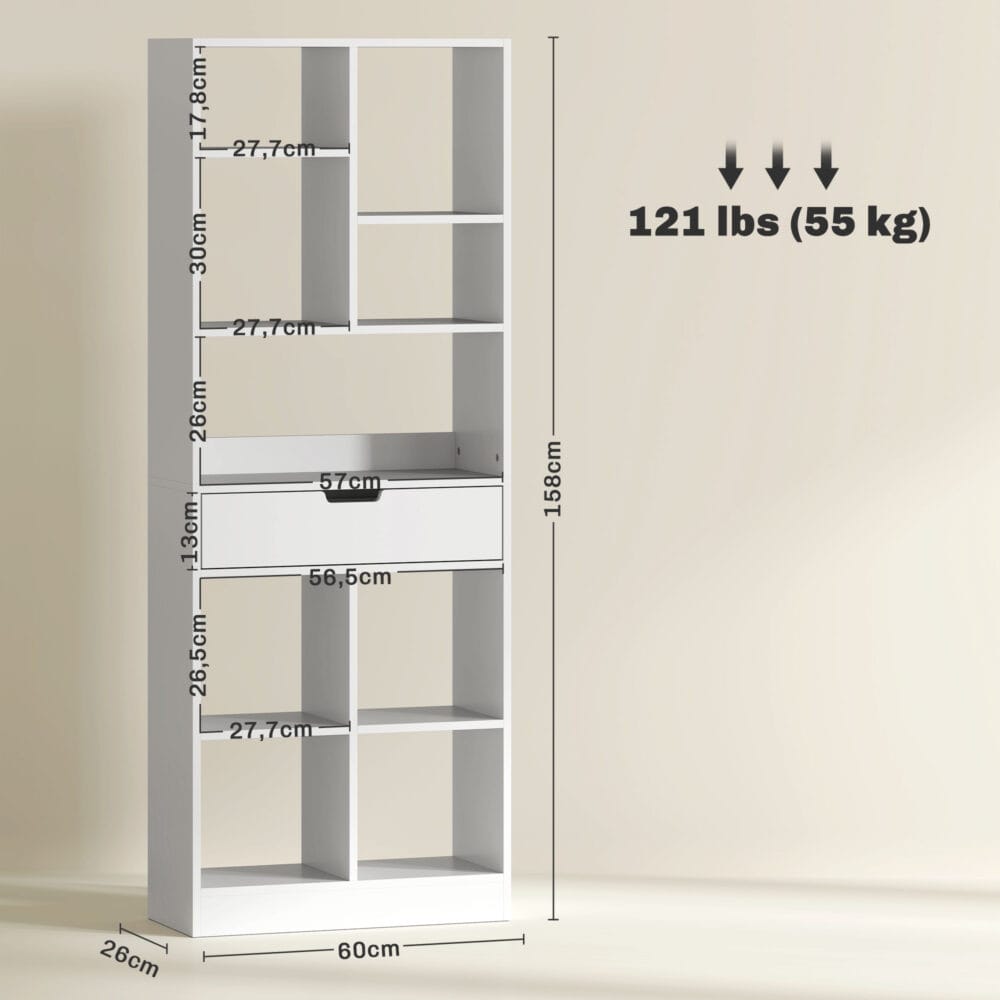 Bücherregal 9 Regale 1 Schublade mit Anti-Kippsicherung 60x26x158cm Weiss – Produktfoto zeigt modernes Design, hochwertige Materialien und funktionale Eigenschaften ideal für Wohn- oder Arbeitsbereiche. Perfekt als Einrichtungsinspiration oder zur Produktpräsentation in einem Onlineshop.