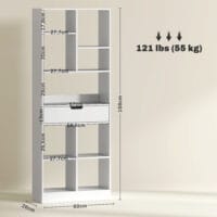 Bücherregal 9 Regale 1 Schublade mit Anti-Kippsicherung 60x26x158cm Weiss – Produktfoto zeigt modernes Design, hochwertige Materialien und funktionale Eigenschaften ideal für Wohn- oder Arbeitsbereiche. Perfekt als Einrichtungsinspiration oder zur Produktpräsentation in einem Onlineshop.