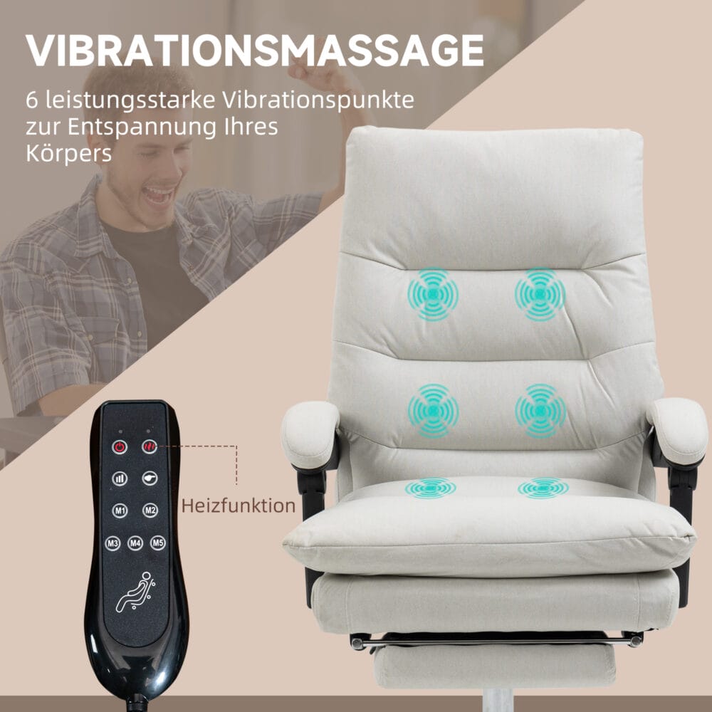 Bürostuhl 135° neigbar Massagefunktion 120kg Cremeweiss – Produktfoto zeigt modernes Design, hochwertige Materialien und funktionale Eigenschaften ideal für Wohn- oder Arbeitsbereiche. Perfekt als Einrichtungsinspiration oder zur Produktpräsentation in einem Onlineshop.