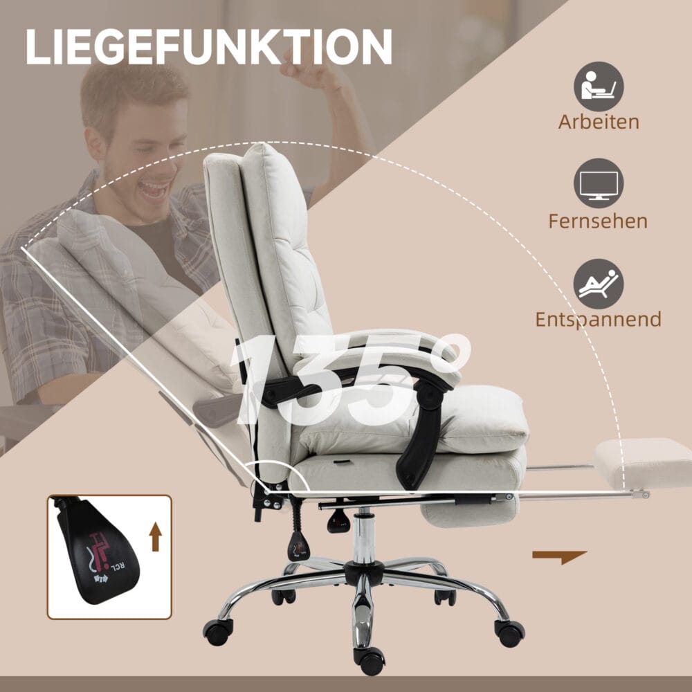 Bürostuhl 135° neigbar Massagefunktion 120kg Cremeweiss – Produktfoto zeigt modernes Design, hochwertige Materialien und funktionale Eigenschaften ideal für Wohn- oder Arbeitsbereiche. Perfekt als Einrichtungsinspiration oder zur Produktpräsentation in einem Onlineshop.