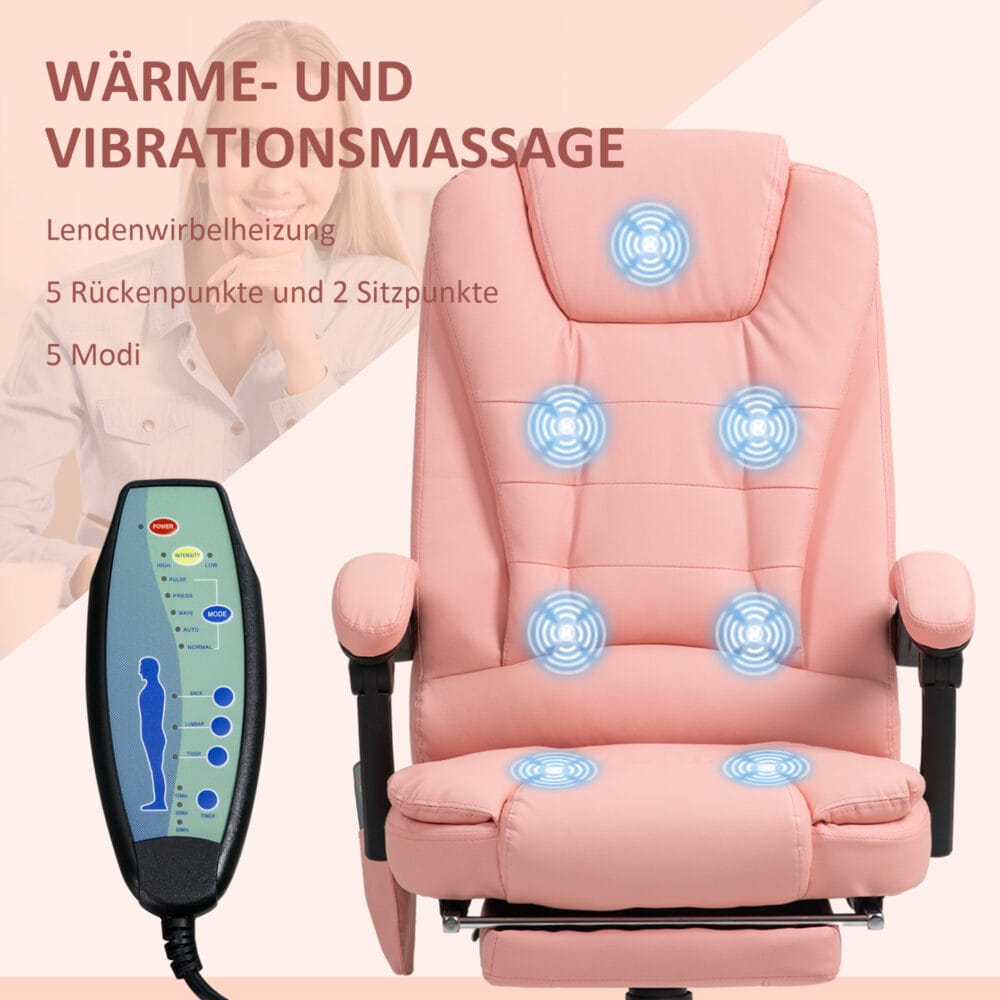 Bürostuhl mit 7-Punkt-Massage & Liegefunktion ergonomisch bis 120kg Rosa – Produktfoto zeigt modernes Design, hochwertige Materialien und funktionale Eigenschaften ideal für Wohn- oder Arbeitsbereiche. Perfekt als Einrichtungsinspiration oder zur Produktpräsentation in einem Onlineshop.