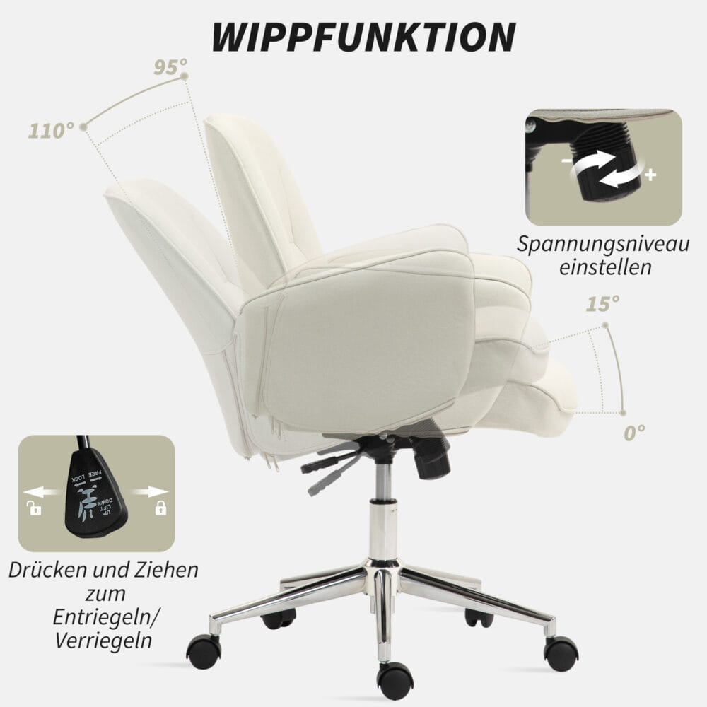 Bürostuhl ergonomisch höhenverstellbar mit Wippfunktion bis 120kg Cremeweiss – Produktfoto zeigt modernes Design, hochwertige Materialien und funktionale Eigenschaften ideal für Wohn- oder Arbeitsbereiche. Perfekt als Einrichtungsinspiration oder zur Produktpräsentation in einem Onlineshop.