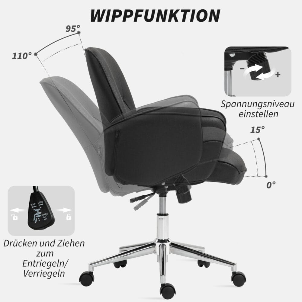 Bürostuhl ergonomisch höhenverstellbar mit Wippfunktion bis 120kg Schwarz – Produktfoto zeigt modernes Design, hochwertige Materialien und funktionale Eigenschaften ideal für Wohn- oder Arbeitsbereiche. Perfekt als Einrichtungsinspiration oder zur Produktpräsentation in einem Onlineshop.