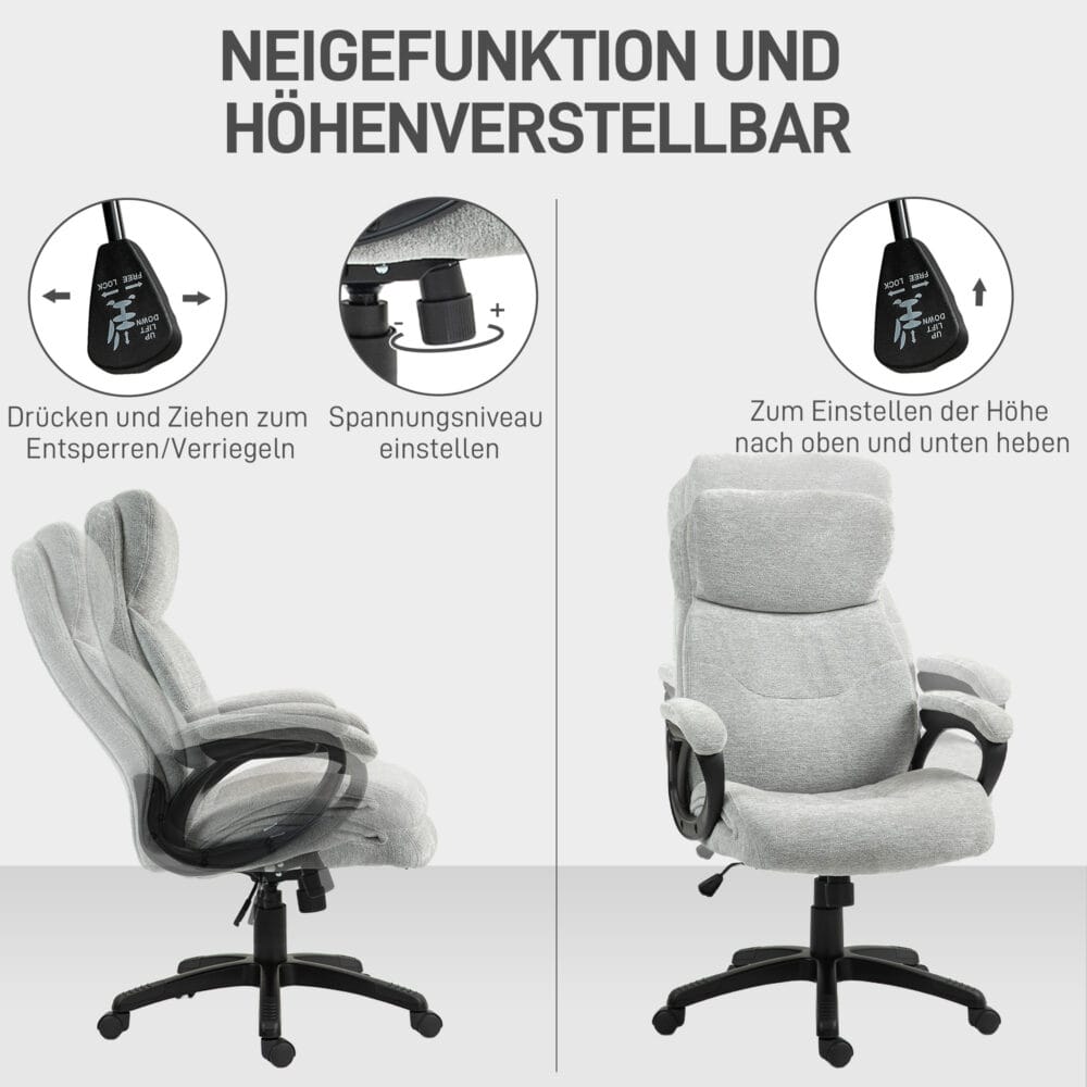 Bürostuhl ergonomisch mit Wippfunktion bis 120kg belastbar Hellgrau – Produktfoto zeigt modernes Design, hochwertige Materialien und funktionale Eigenschaften ideal für Wohn- oder Arbeitsbereiche. Perfekt als Einrichtungsinspiration oder zur Produktpräsentation in einem Onlineshop.