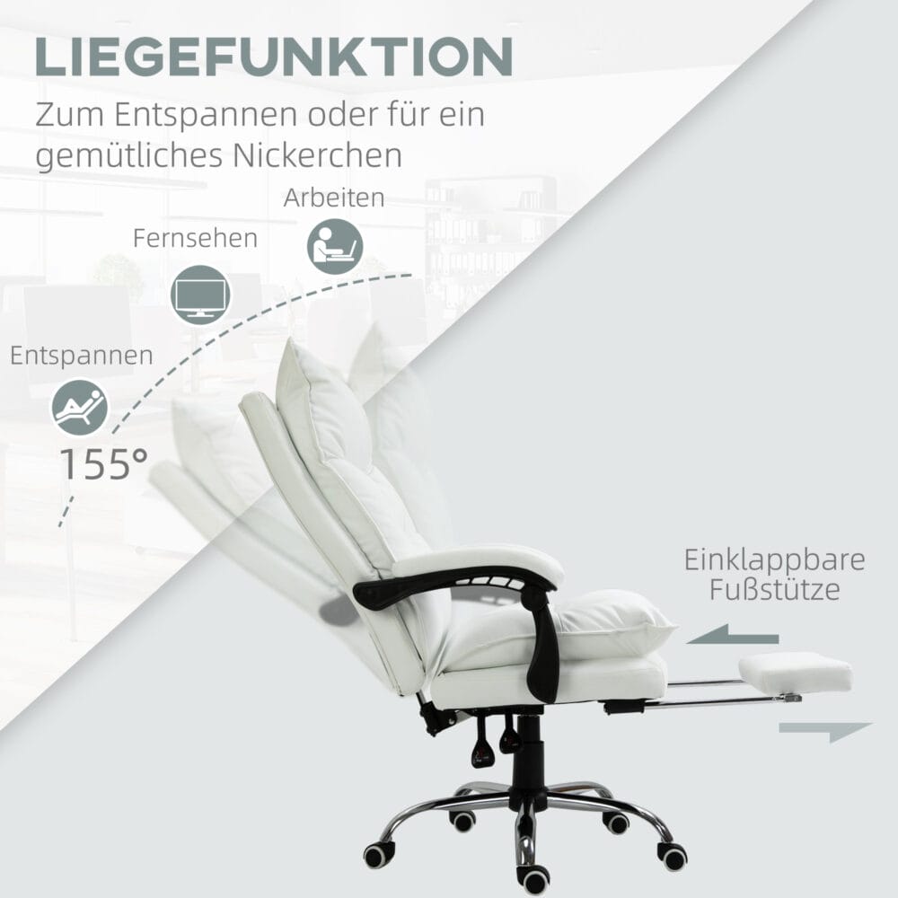 Bürostuhl mit Fussstütze & ultrabequeme Rückenlehne Weiss - Ergonomischer Bürostuhl mit Fussstütze, für maximalen Komfort.