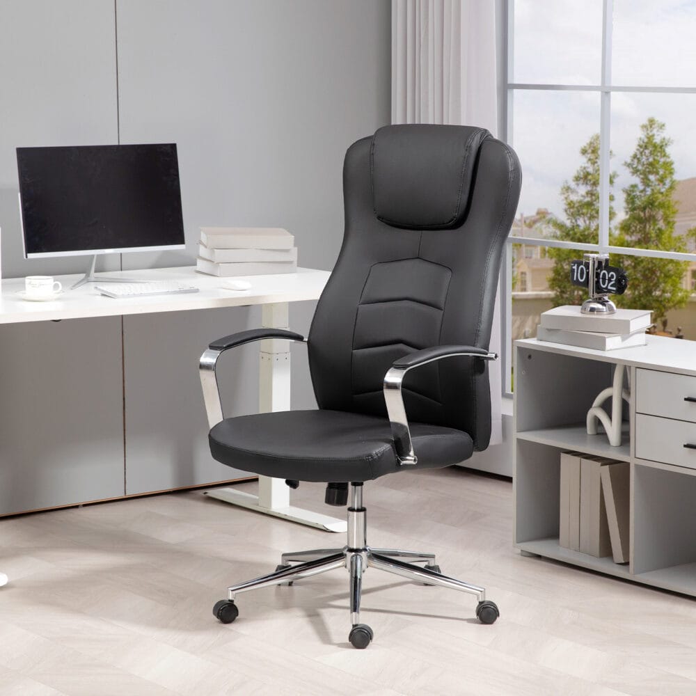 Bürostuhl gepolstert mit Kipp- & Liegefunktion höhenverstellbar bis 120kg Schwarz – Produktfoto zeigt modernes Design, hochwertige Materialien und funktionale Eigenschaften ideal für Wohn- oder Arbeitsbereiche. Perfekt als Einrichtungsinspiration oder zur Produktpräsentation in einem Onlineshop.