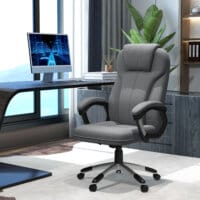 Ein grauer Bürostuhl, höhenverstellbar, ergonomisch und mit Wippfunktion.