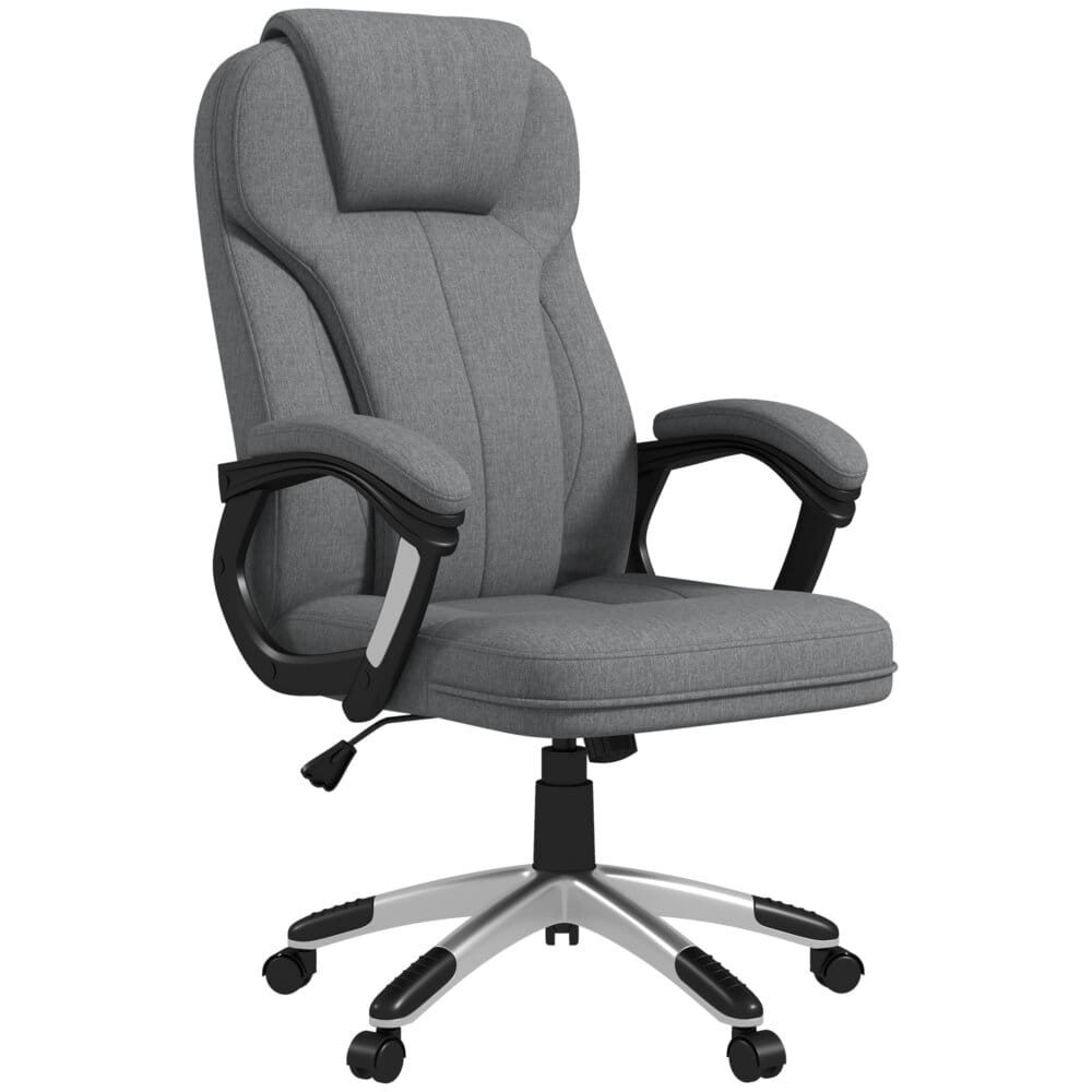 Ein grauer Bürostuhl, höhenverstellbar, ergonomisch und mit Wippfunktion.