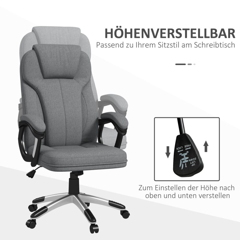 Ein grauer Bürostuhl, höhenverstellbar, ergonomisch und mit Wippfunktion.