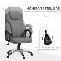 Ein grauer Bürostuhl, höhenverstellbar, ergonomisch und mit Wippfunktion.
