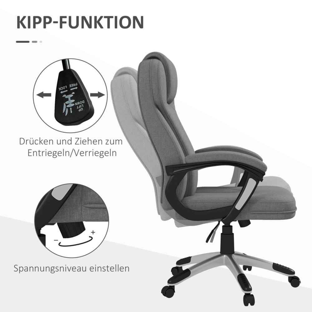 Ein grauer Bürostuhl, höhenverstellbar, ergonomisch und mit Wippfunktion.