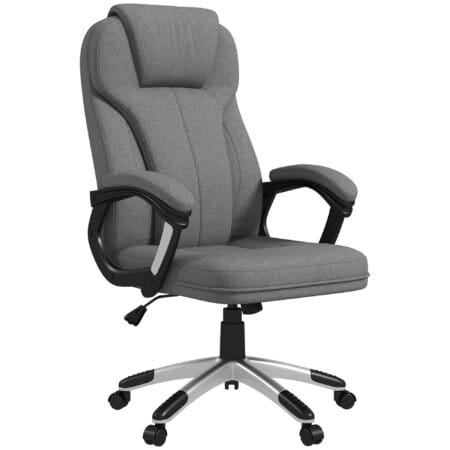Ein grauer Bürostuhl, höhenverstellbar, ergonomisch und mit Wippfunktion.