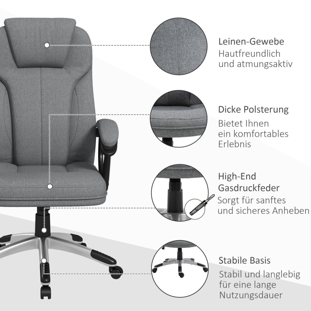 Ein grauer Bürostuhl, höhenverstellbar, ergonomisch und mit Wippfunktion.