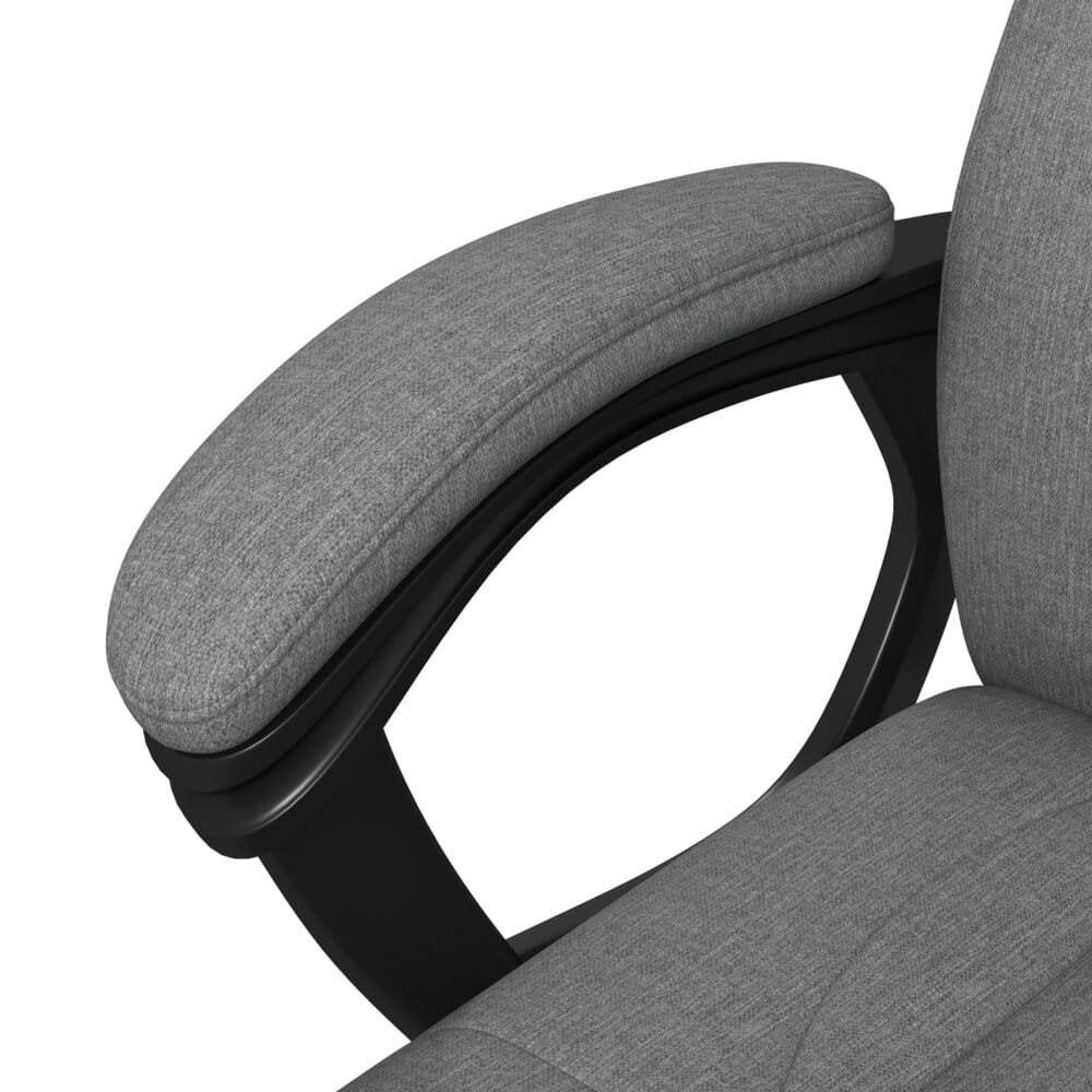 Ein grauer Bürostuhl, höhenverstellbar, ergonomisch und mit Wippfunktion.