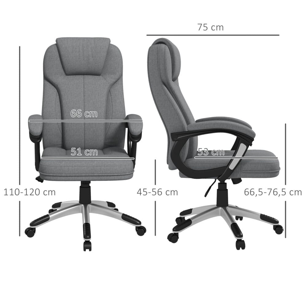Ein grauer Bürostuhl, höhenverstellbar, ergonomisch und mit Wippfunktion.