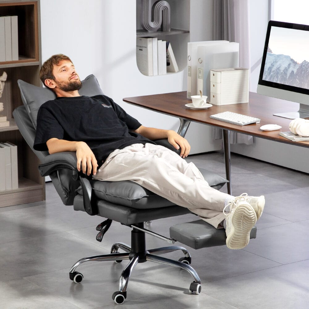 Bürostuhl Liegefunktion ergonomisch mit Fussstütze Dunkelgrau – Produktfoto zeigt modernes Design, hochwertige Materialien und funktionale Eigenschaften ideal für Wohn- oder Arbeitsbereiche. Perfekt als Einrichtungsinspiration oder zur Produktpräsentation in einem Onlineshop.