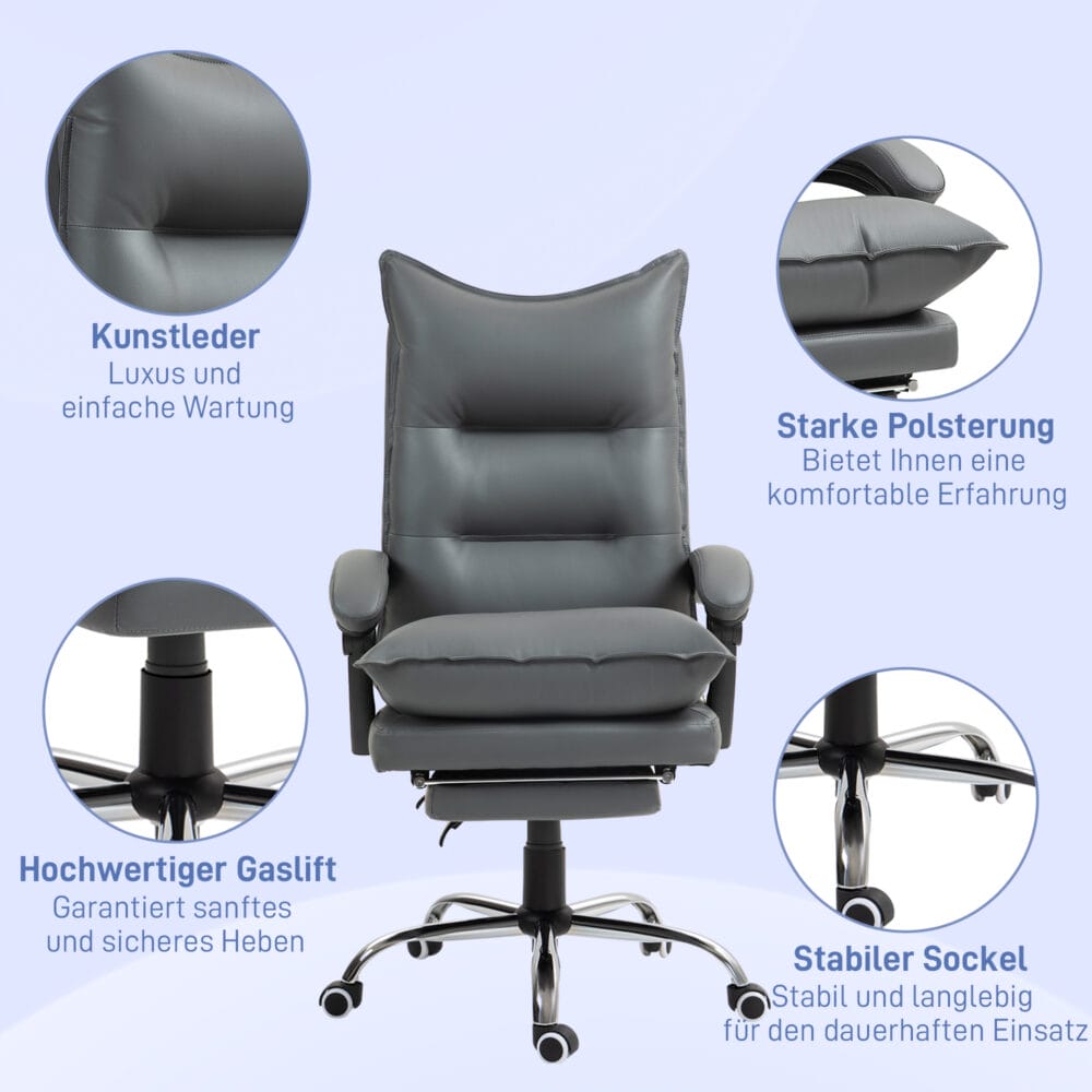 Bürostuhl Liegefunktion ergonomisch mit Fussstütze Dunkelgrau – Produktfoto zeigt modernes Design, hochwertige Materialien und funktionale Eigenschaften ideal für Wohn- oder Arbeitsbereiche. Perfekt als Einrichtungsinspiration oder zur Produktpräsentation in einem Onlineshop.