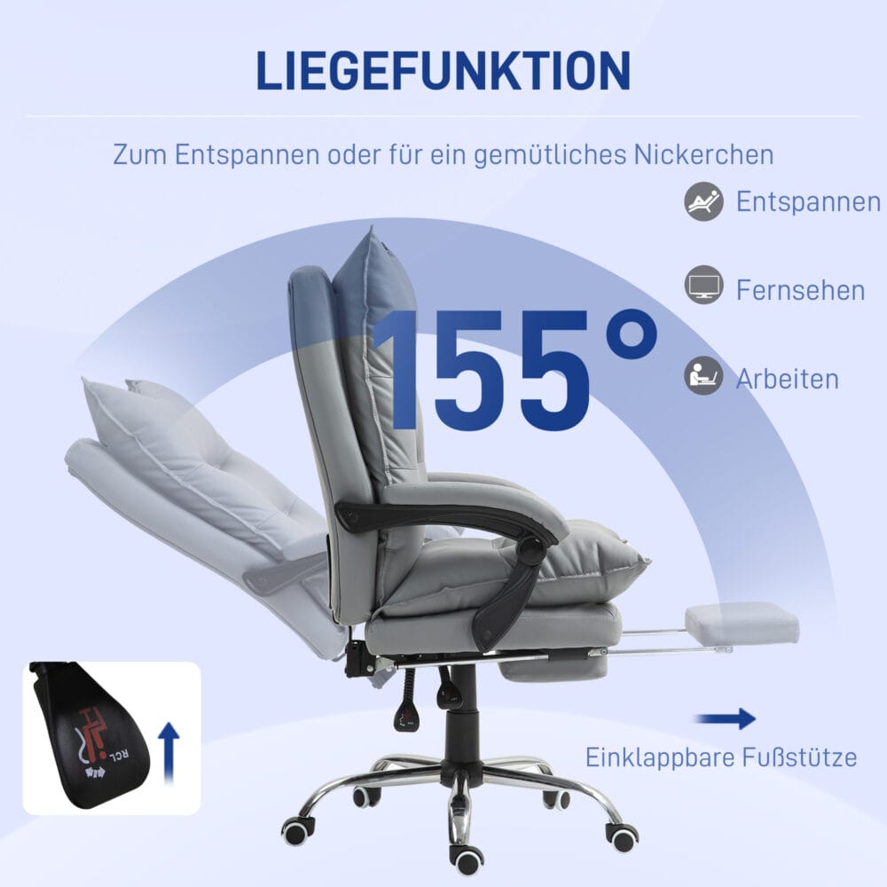 Bürostuhl Liegefunktion ergonomisch mit Fussstütze Hellgrau – Produktfoto zeigt modernes Design, hochwertige Materialien und funktionale Eigenschaften ideal für Wohn- oder Arbeitsbereiche. Perfekt als Einrichtungsinspiration oder zur Produktpräsentation in einem Onlineshop.