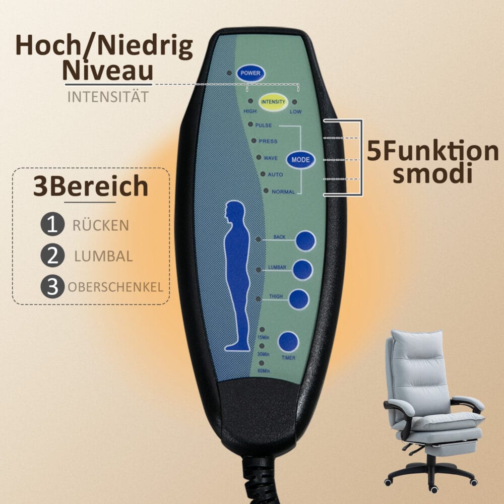 Bürostuhl mit Massage- & Liegefunktion höhenverstellbar mit Fussstütze Hellgrau – Produktfoto zeigt modernes Design, hochwertige Materialien und funktionale Eigenschaften ideal für Wohn- oder Arbeitsbereiche. Perfekt als Einrichtungsinspiration oder zur Produktpräsentation in einem Onlineshop.