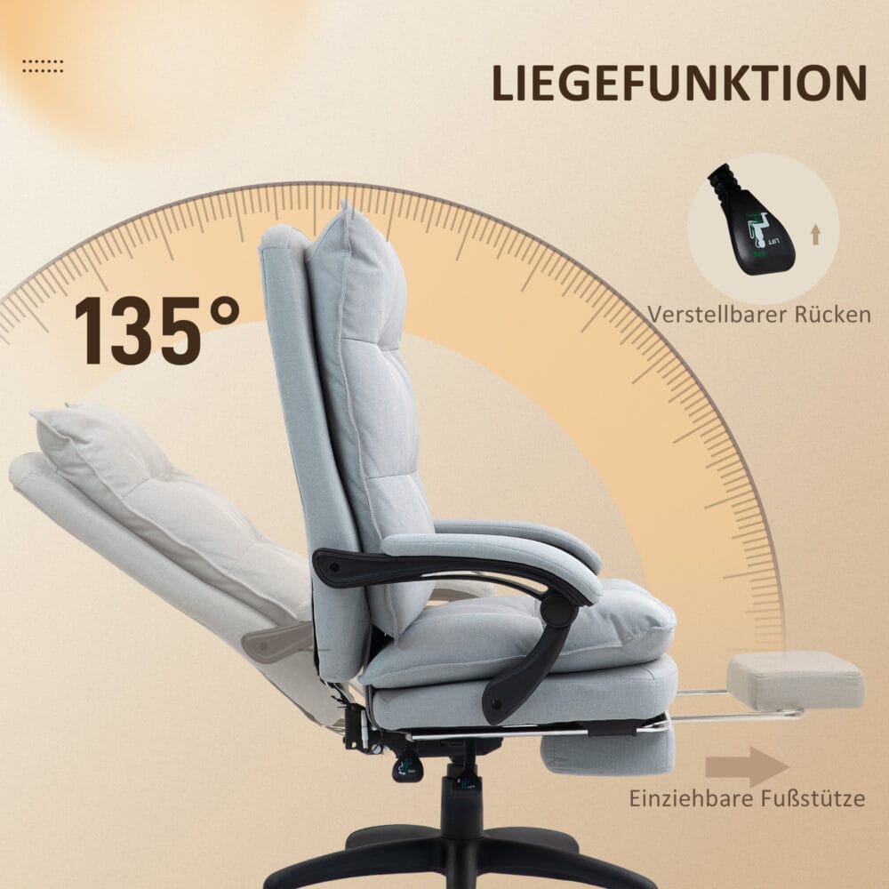 Bürostuhl mit Massage- & Liegefunktion höhenverstellbar mit Fussstütze Hellgrau – Produktfoto zeigt modernes Design, hochwertige Materialien und funktionale Eigenschaften ideal für Wohn- oder Arbeitsbereiche. Perfekt als Einrichtungsinspiration oder zur Produktpräsentation in einem Onlineshop.