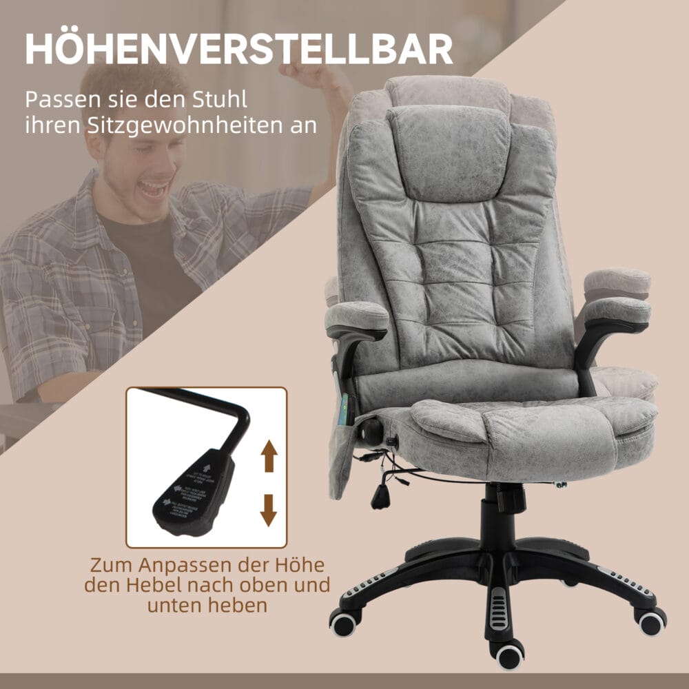 Bürostuhl Massagefunktion höhenverstellbar ergonomisch Grau – Produktfoto zeigt modernes Design, hochwertige Materialien und funktionale Eigenschaften ideal für Wohn- oder Arbeitsbereiche. Perfekt als Einrichtungsinspiration oder zur Produktpräsentation in einem Onlineshop.