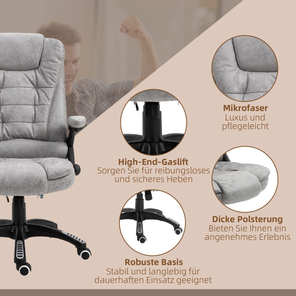 Bürostuhl Massagefunktion höhenverstellbar ergonomisch Grau – Produktfoto zeigt modernes Design, hochwertige Materialien und funktionale Eigenschaften ideal für Wohn- oder Arbeitsbereiche. Perfekt als Einrichtungsinspiration oder zur Produktpräsentation in einem Onlineshop.