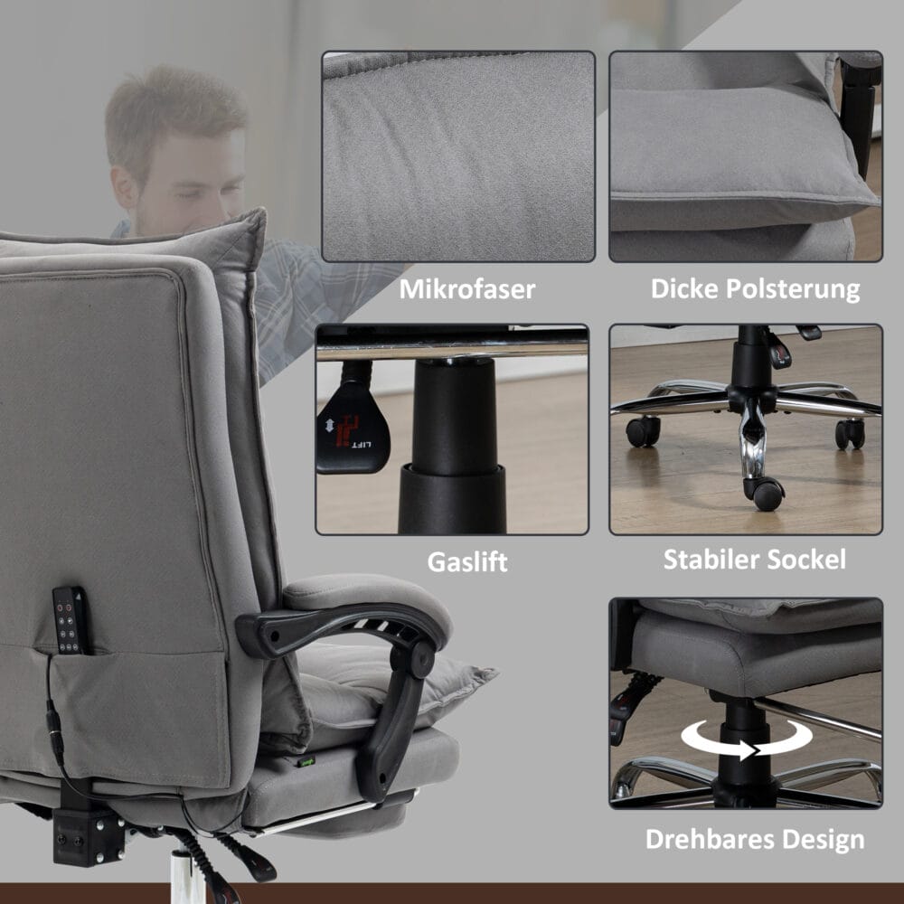 Bürostuhl mit Massagefunktion höhenverstellbar Dunkelgrau – Produktfoto zeigt modernes Design, hochwertige Materialien und funktionale Eigenschaften ideal für Wohn- oder Arbeitsbereiche. Perfekt als Einrichtungsinspiration oder zur Produktpräsentation in einem Onlineshop.