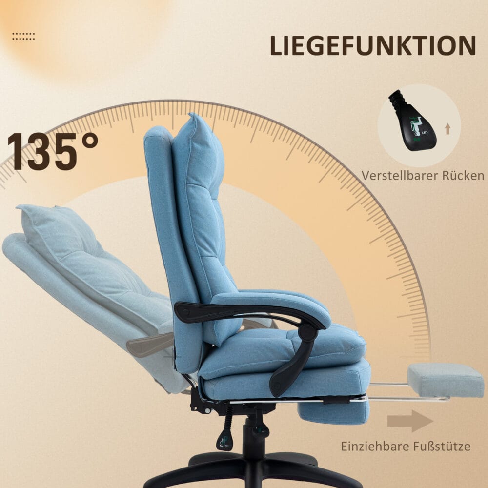 Bürostuhl mit Massagefunktion höhenverstellbar mit Fussstütze & Timer Blau – Produktfoto zeigt modernes Design, hochwertige Materialien und funktionale Eigenschaften ideal für Wohn- oder Arbeitsbereiche. Perfekt als Einrichtungsinspiration oder zur Produktpräsentation in einem Onlineshop.