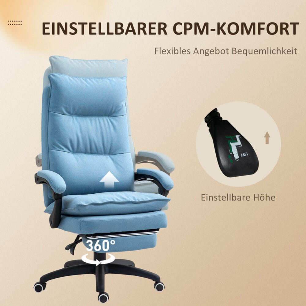 Bürostuhl mit Massagefunktion höhenverstellbar mit Fussstütze & Timer Blau – Produktfoto zeigt modernes Design, hochwertige Materialien und funktionale Eigenschaften ideal für Wohn- oder Arbeitsbereiche. Perfekt als Einrichtungsinspiration oder zur Produktpräsentation in einem Onlineshop.