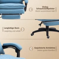 Bürostuhl mit Massagefunktion höhenverstellbar mit Fussstütze & Timer Blau – Produktfoto zeigt modernes Design, hochwertige Materialien und funktionale Eigenschaften ideal für Wohn- oder Arbeitsbereiche. Perfekt als Einrichtungsinspiration oder zur Produktpräsentation in einem Onlineshop.