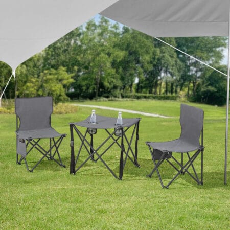 Camping Gartenmöbelset Biancavilla in Grau, 3-teilig, mit Tisch und zwei Stühlen, perfekt für mobile Outdoor-Erlebnisse.