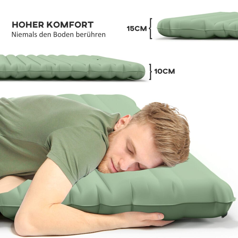 Camping Isomatte selbstaufblasend für 2 Personen, bis 150 kg, Farbe Grün.