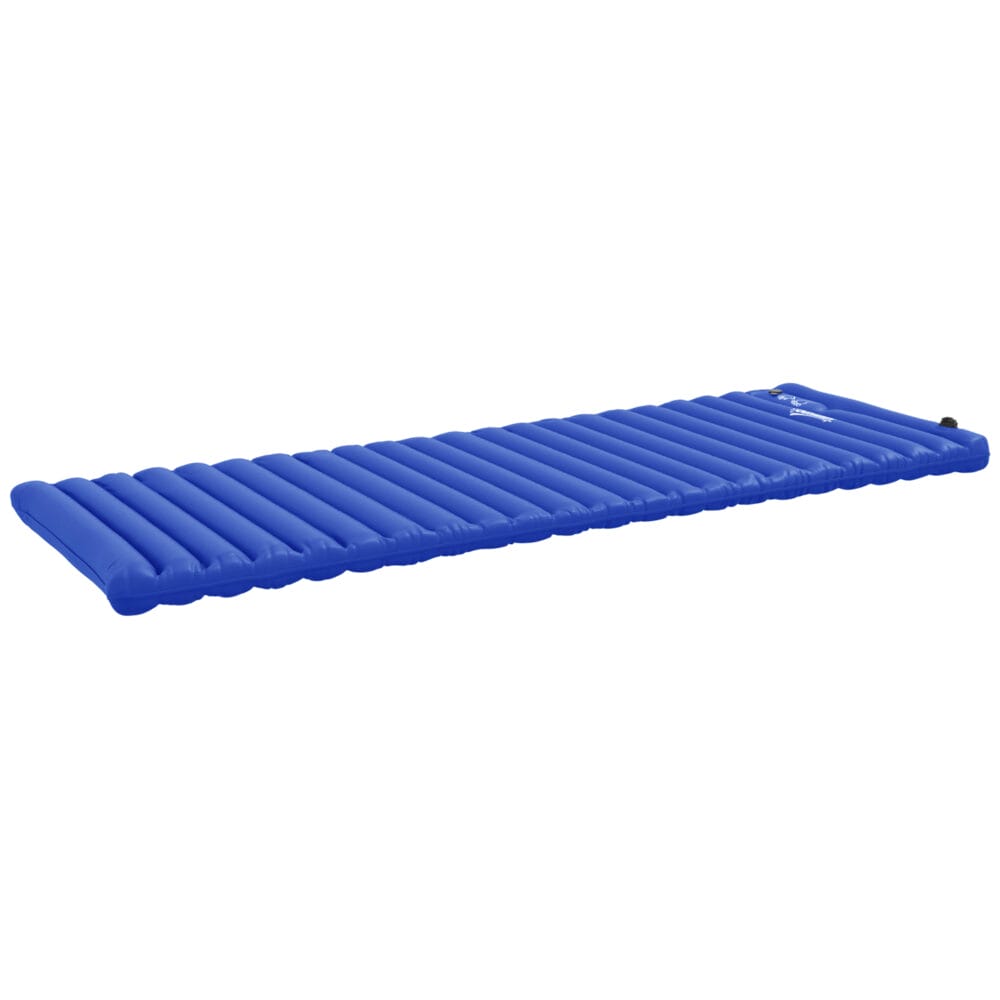 Camping Isomatte wasserabweisend, bis 120 kg, mit Fusspumpe, Farbe Blau.