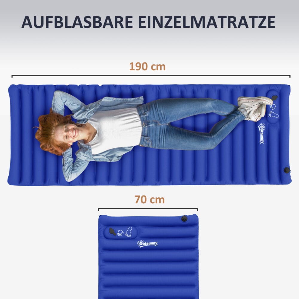 Camping Isomatte wasserabweisend, bis 120 kg, mit Fusspumpe, Farbe Blau.