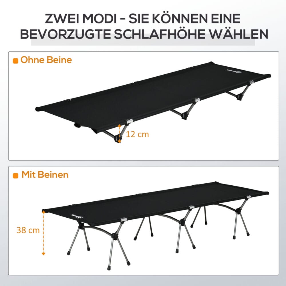 Campingbett klappbar aus Aluminium, bis 150 kg belastbar, leicht & stabil.