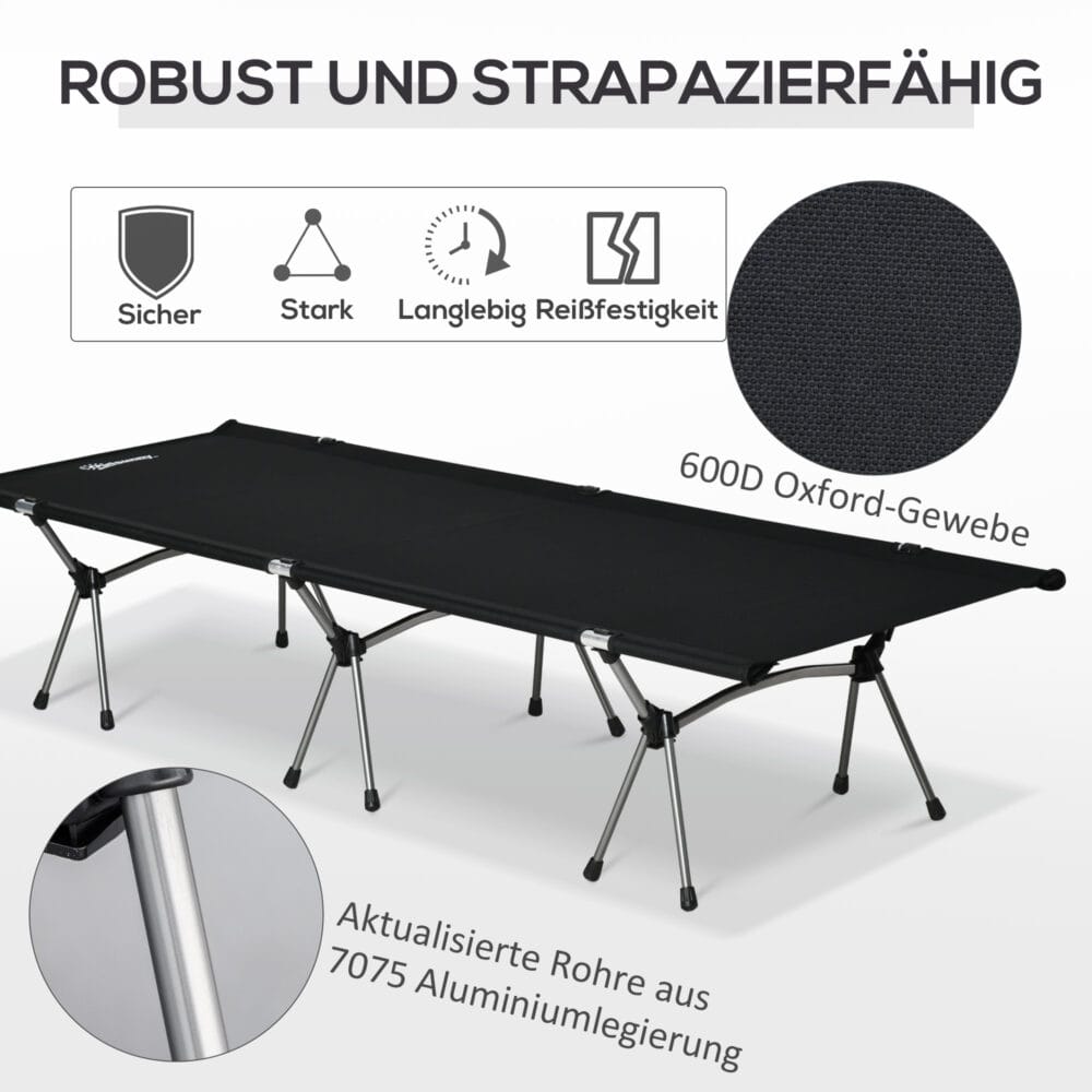 Campingbett klappbar aus Aluminium, bis 150 kg belastbar, leicht & stabil.