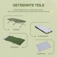 Campingbett klappbar mit Kopfkissen, 120 kg Tragkraft, Farbe Grün.